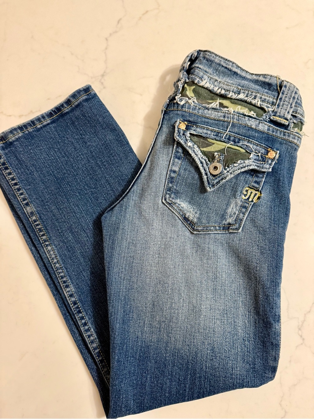 Miss Me Blue Boot Cut Jeans with Camo Pocket Accent